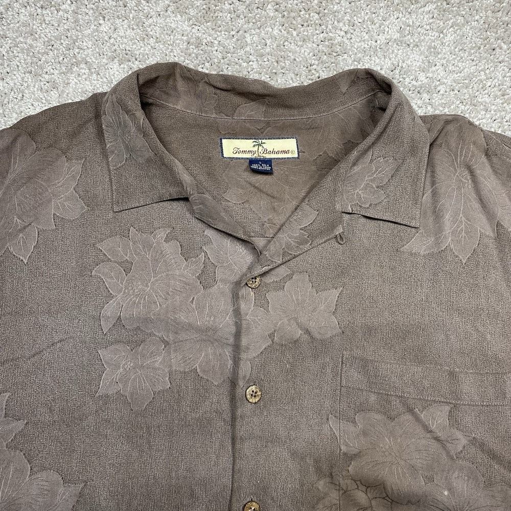 Tommy Bahama Mens Large Silk Hawaiian Shirt Brown Floral Jacquard Camp Button Up